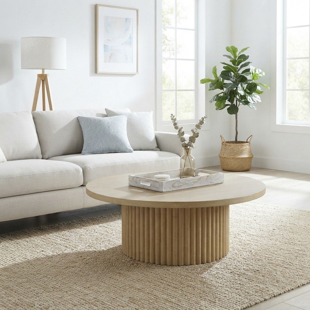 Acacia Veneer Round Mid-Century Coffee Table, Fluted Pedestal Base, Natural