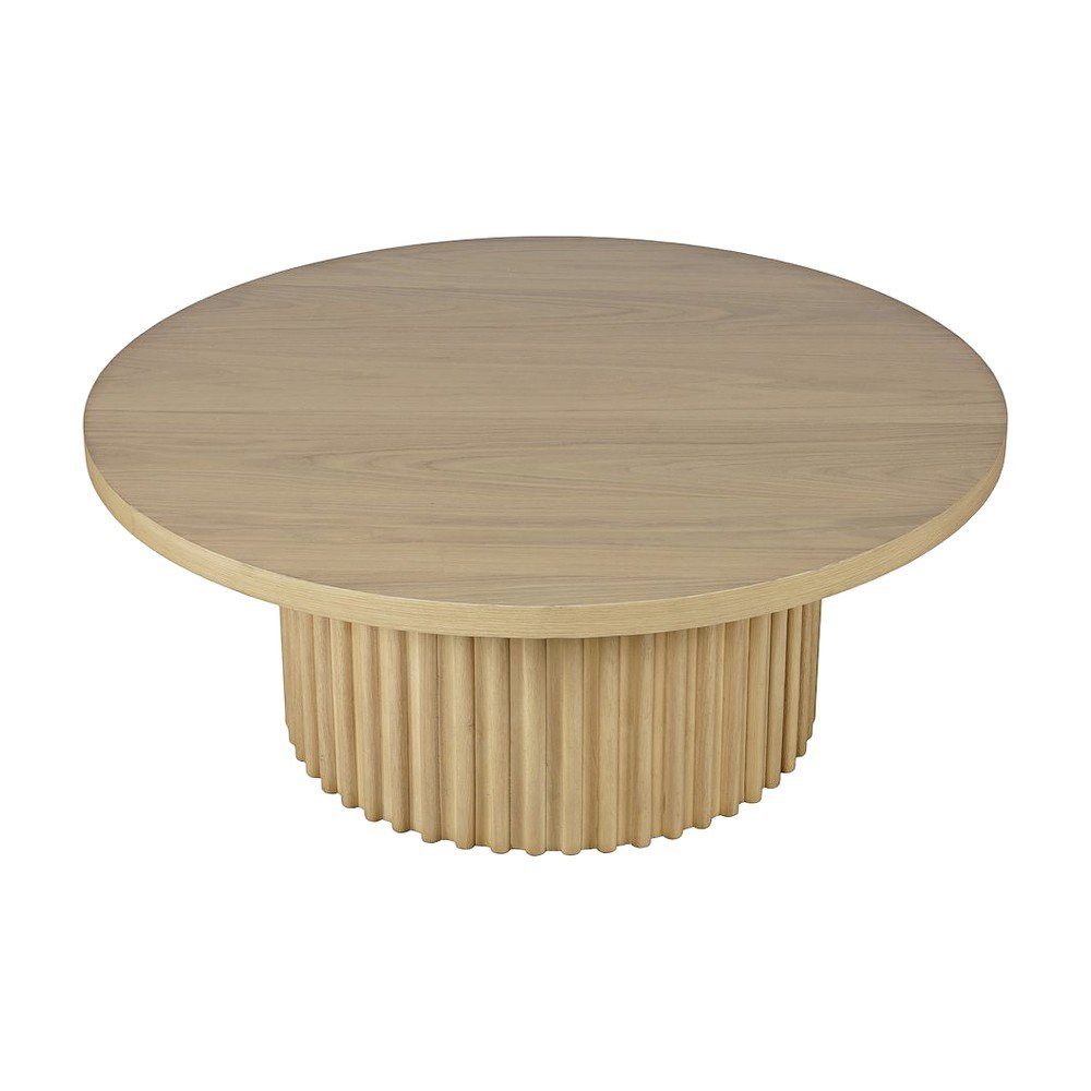 Acacia Veneer Round Mid-Century Coffee Table, Fluted Pedestal Base, Natural