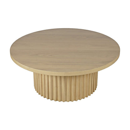 Acacia Veneer Round Mid-Century Coffee Table, Fluted Pedestal Base, Natural