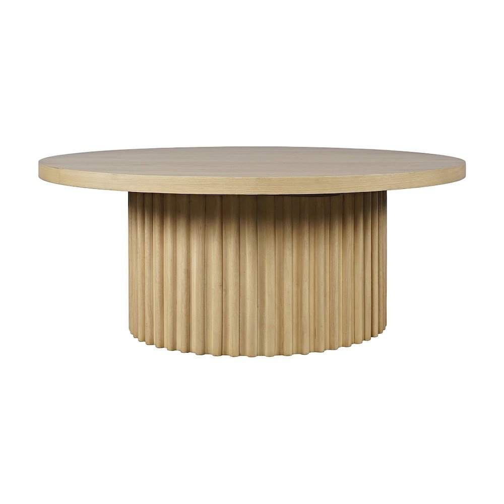 Acacia Veneer Round Mid-Century Coffee Table, Fluted Pedestal Base, Natural