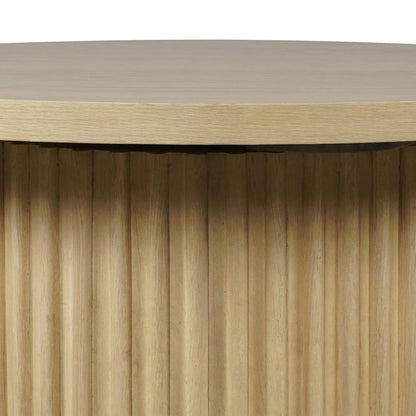 Acacia Veneer Round Mid-Century Coffee Table, Fluted Pedestal Base, Natural