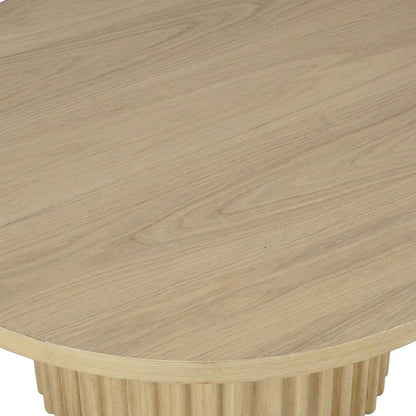 Acacia Veneer Round Mid-Century Coffee Table, Fluted Pedestal Base, Natural