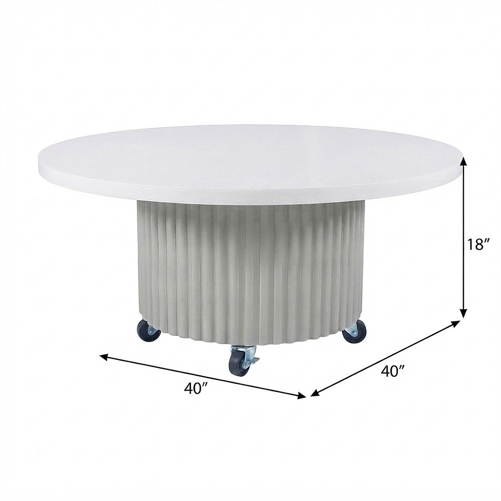 Acacia Veneer Round Mid-Century Coffee Table, Fluted Pedestal Base, White