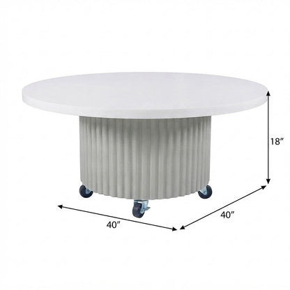 Acacia Veneer Round Mid-Century Coffee Table, Fluted Pedestal Base, White