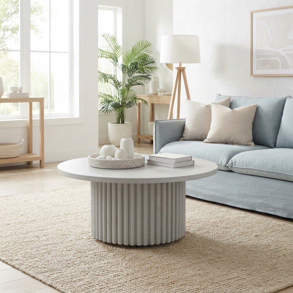 Acacia Veneer Round Mid-Century Coffee Table, Fluted Pedestal Base, White