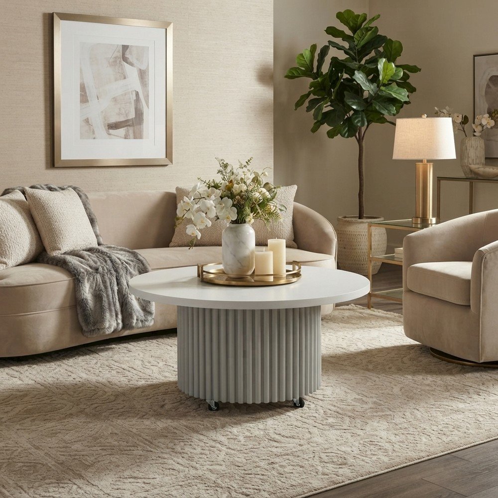 Acacia Veneer Round Mid-Century Coffee Table, Fluted Pedestal Base, White