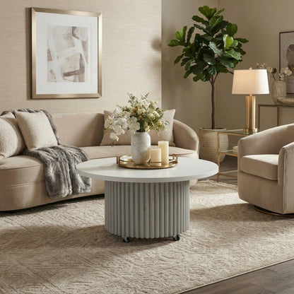 Acacia Veneer Round Mid-Century Coffee Table, Fluted Pedestal Base, White