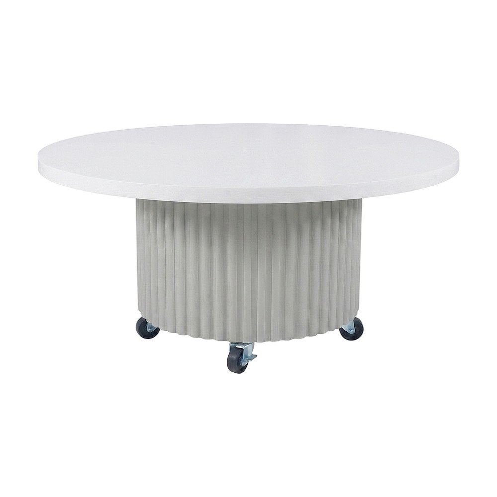 Acacia Veneer Round Mid-Century Coffee Table, Fluted Pedestal Base, White