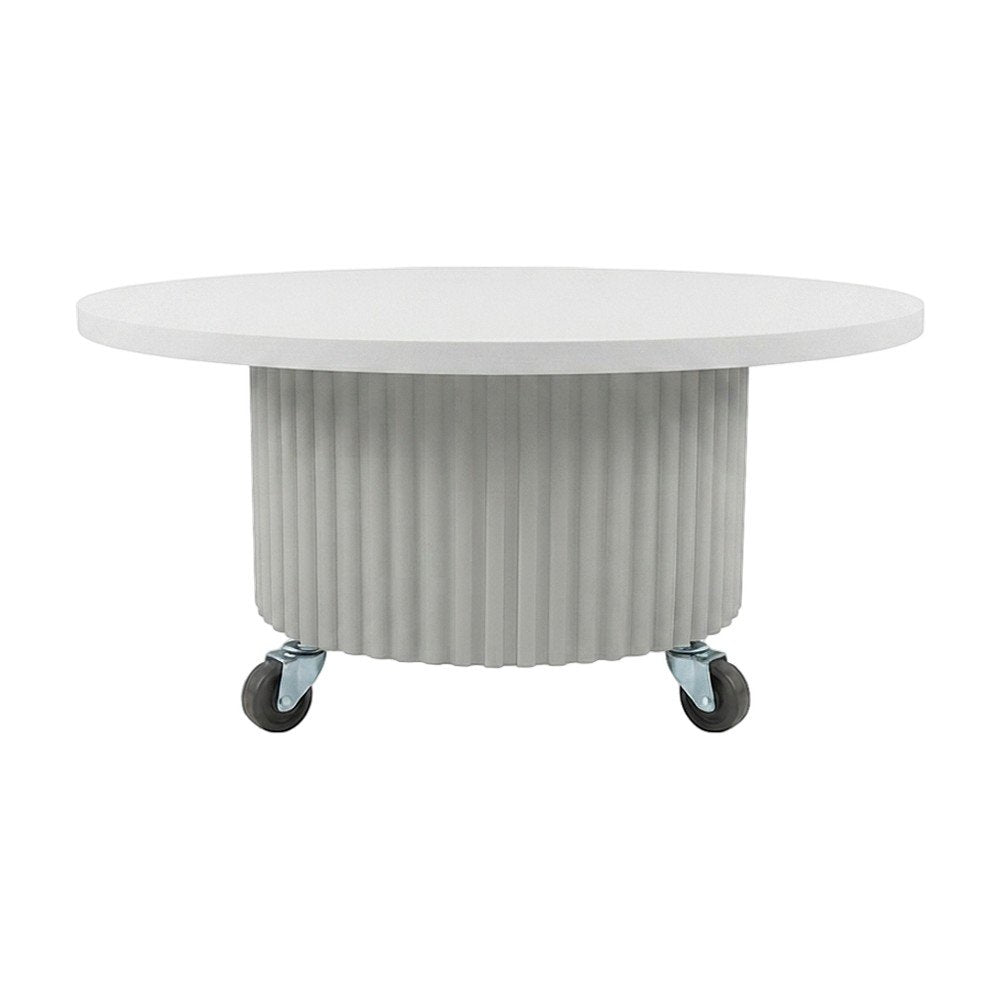 Acacia Veneer Round Mid-Century Coffee Table, Fluted Pedestal Base, White