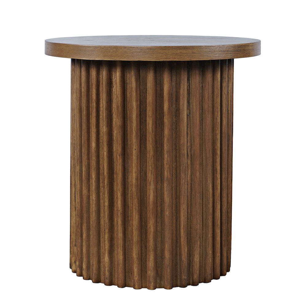 Veneer Round Mid-Century Modern End Table with Fluted Pedestal, Chestnut
