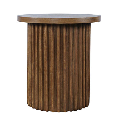 Veneer Round Mid-Century Modern End Table with Fluted Pedestal, Chestnut