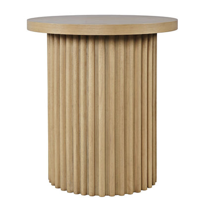 Veneer Round Mid-Century Modern End Table with Fluted Pedestal, Natural
