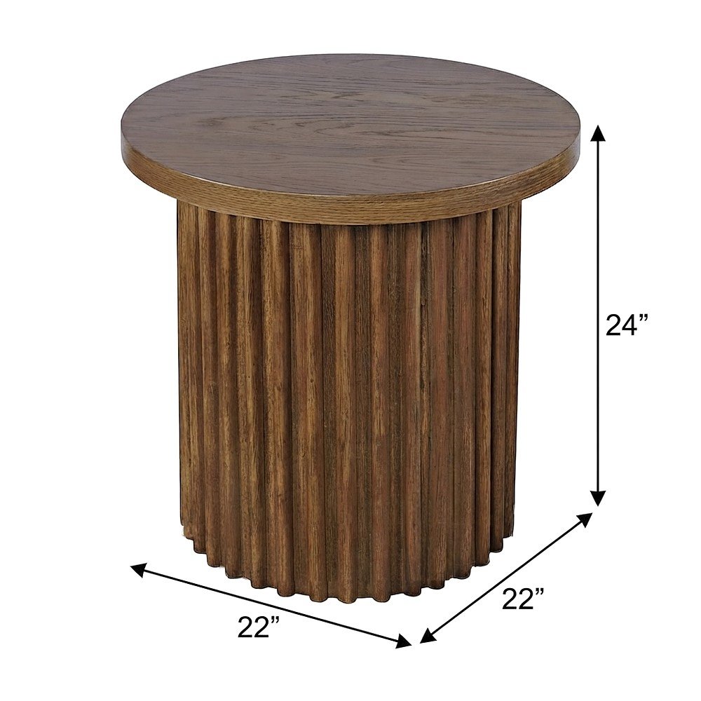 Veneer Round Mid-Century Modern End Table with Fluted Pedestal, Chestnut