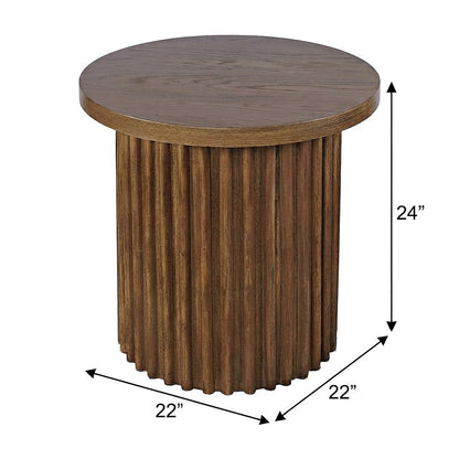 Veneer Round Mid-Century Modern End Table with Fluted Pedestal, Chestnut