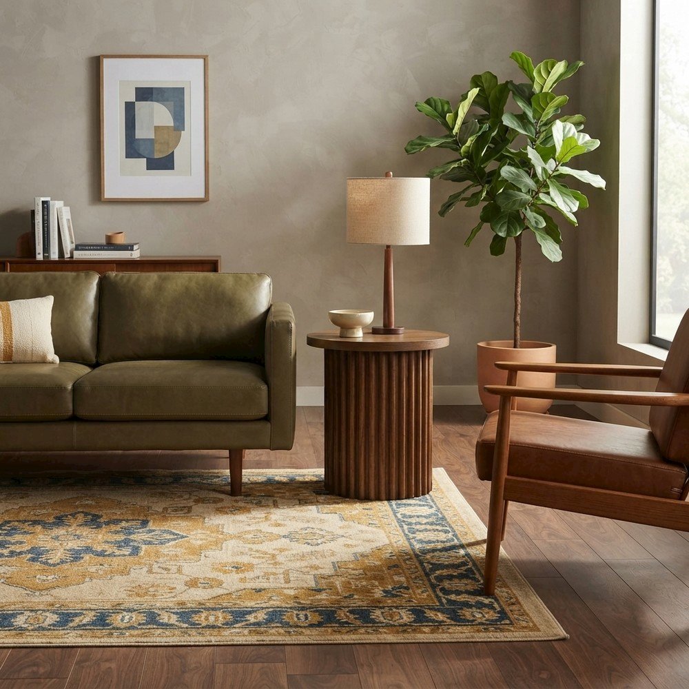Veneer Round Mid-Century Modern End Table with Fluted Pedestal, Chestnut