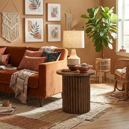 Veneer Round Mid-Century Modern End Table with Fluted Pedestal, Chestnut