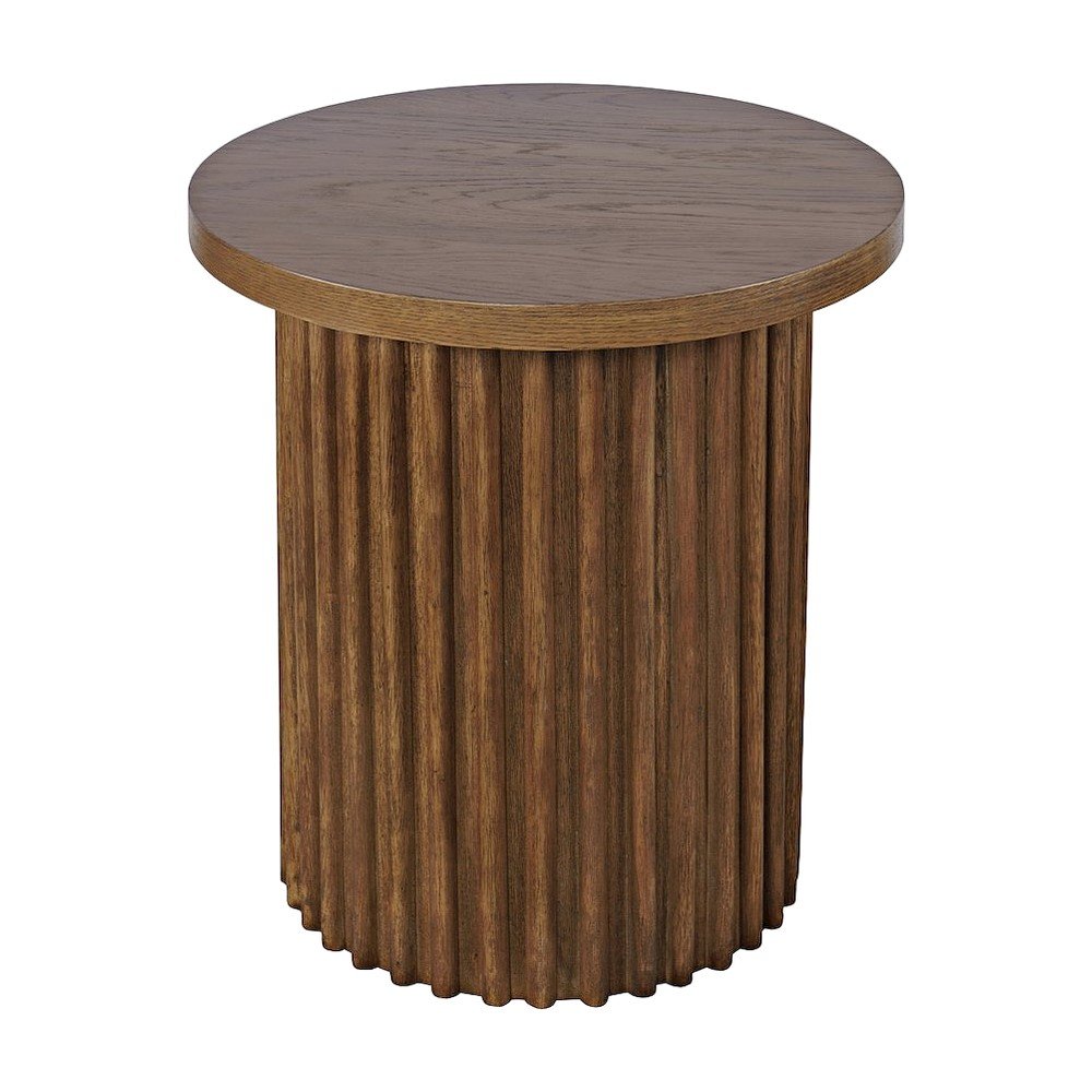 Veneer Round Mid-Century Modern End Table with Fluted Pedestal, Chestnut
