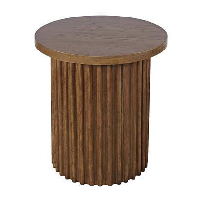 Veneer Round Mid-Century Modern End Table with Fluted Pedestal, Chestnut