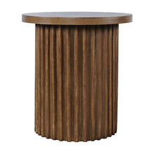 Veneer Round Mid-Century Modern End Table with Fluted Pedestal, Chestnut