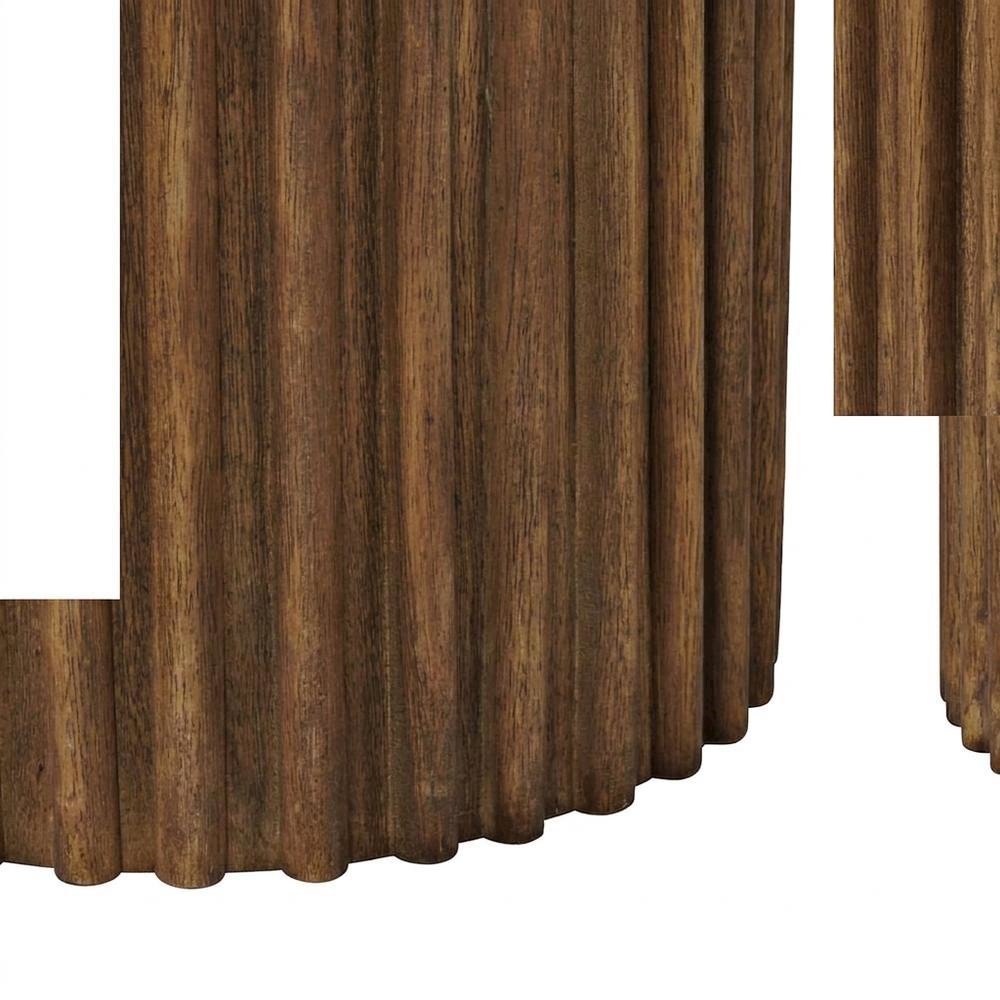 Veneer Round Mid-Century Modern End Table with Fluted Pedestal, Chestnut