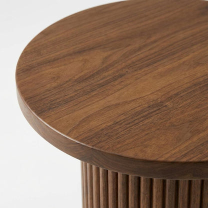 Veneer Round Mid-Century Modern End Table with Fluted Pedestal, Chestnut