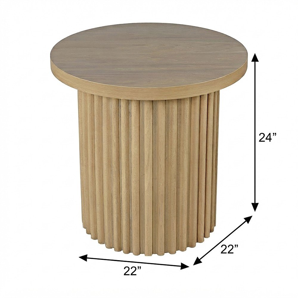 Veneer Round Mid-Century Modern End Table with Fluted Pedestal, Natural