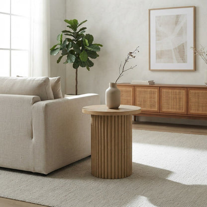 Veneer Round Mid-Century Modern End Table with Fluted Pedestal, Natural