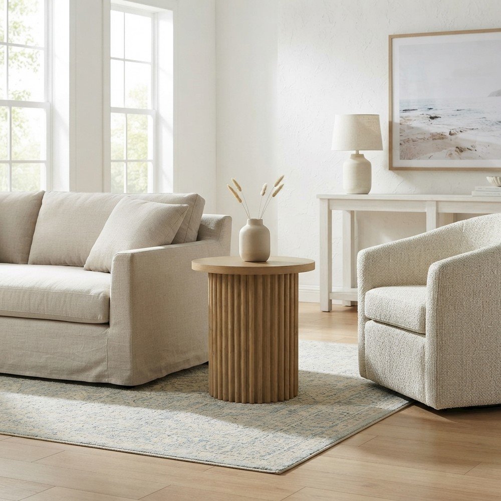 Veneer Round Mid-Century Modern End Table with Fluted Pedestal, Natural