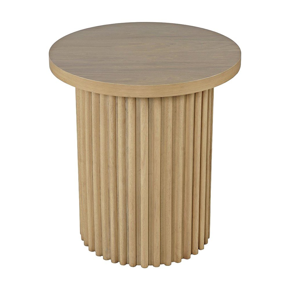Veneer Round Mid-Century Modern End Table with Fluted Pedestal, Natural
