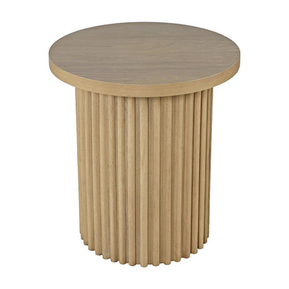 Veneer Round Mid-Century Modern End Table with Fluted Pedestal, Natural