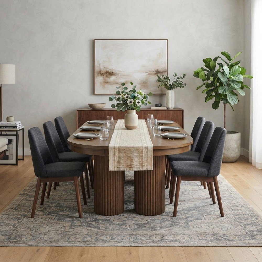 Rubberwood Veneer Mid-Century Modern Double Pedestal Dining Table, Chestnut