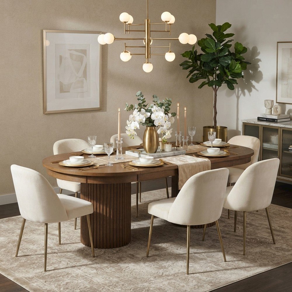 Rubberwood Veneer Mid-Century Modern Double Pedestal Dining Table, Chestnut