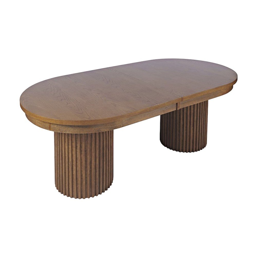 Rubberwood Veneer Mid-Century Modern Double Pedestal Dining Table, Chestnut