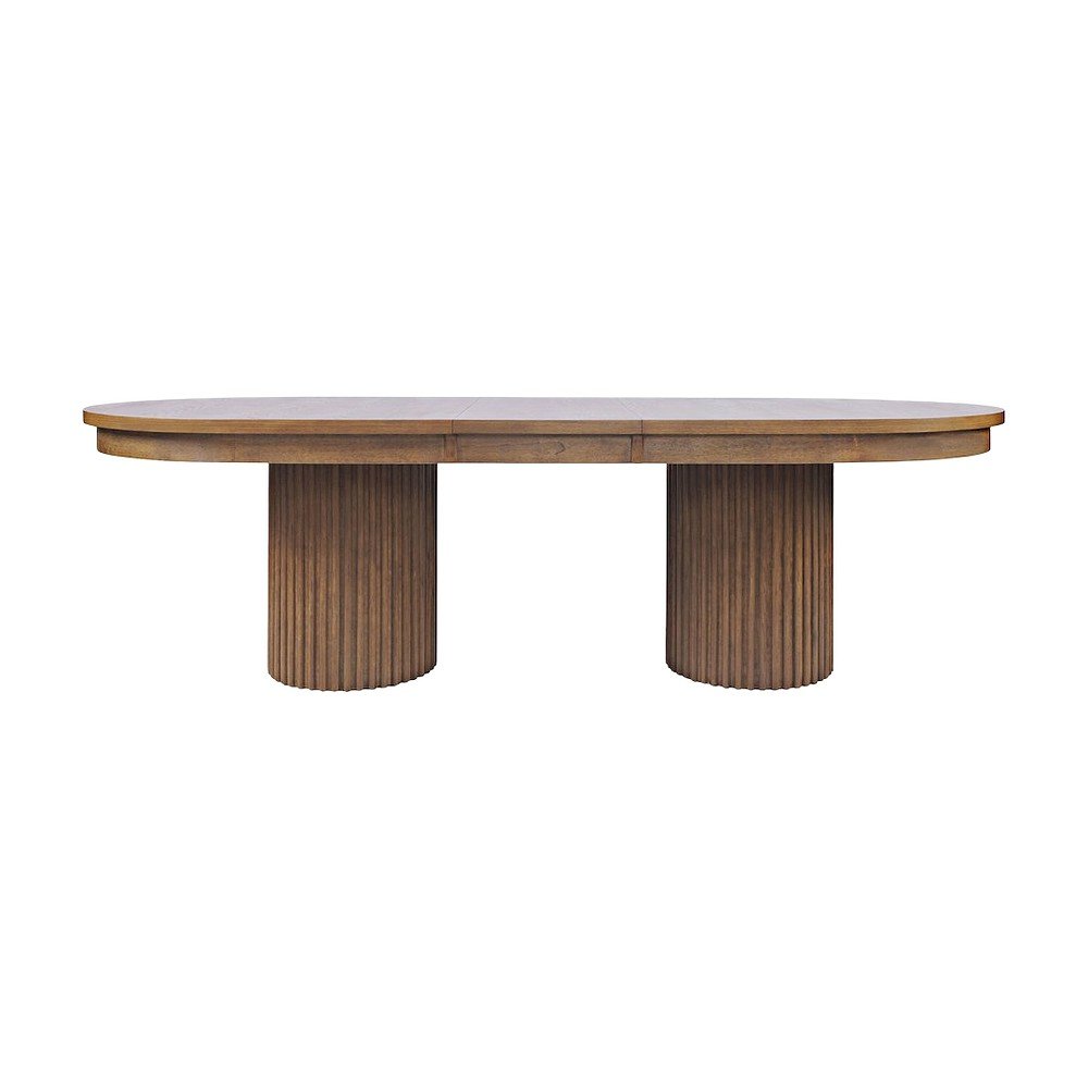 Rubberwood Veneer Mid-Century Modern Double Pedestal Dining Table, Chestnut