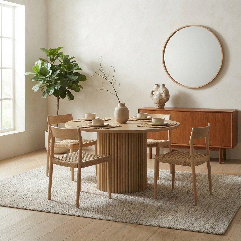 Round Pedestal Dining Table, Rubberwood, Natural, 48" W X 30" H Dining Height