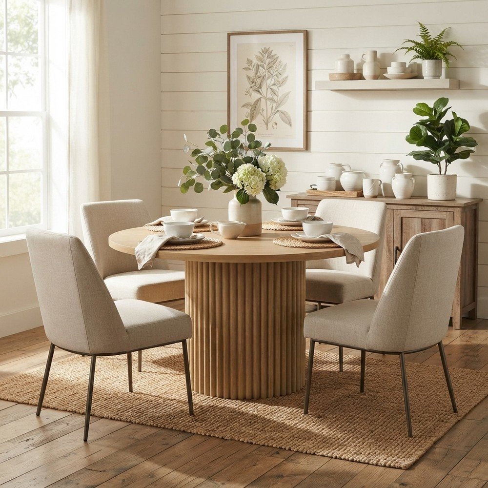 Round Pedestal Dining Table, Rubberwood, Natural, 48" W X 30" H Dining Height