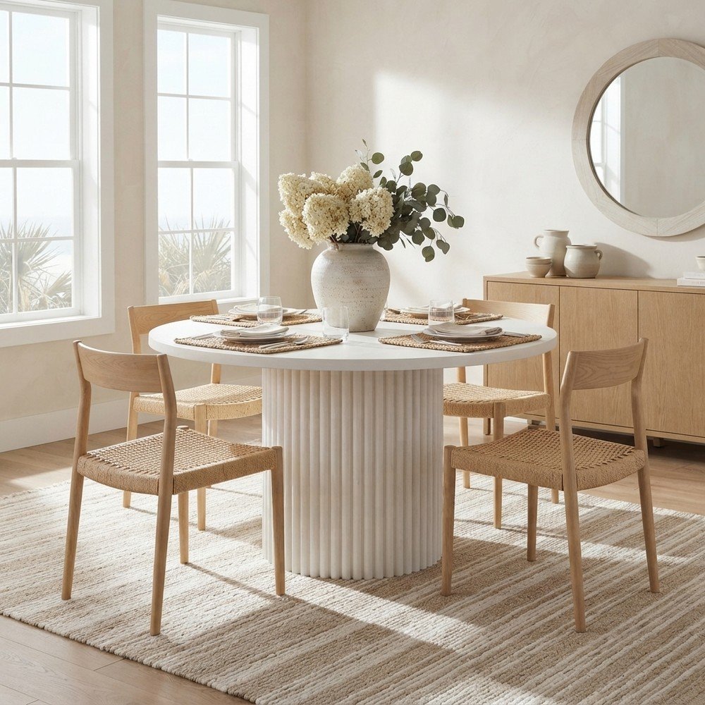 Round Pedestal Dining Table, Rubberwood, White, 48" W X 30" H Dining Height