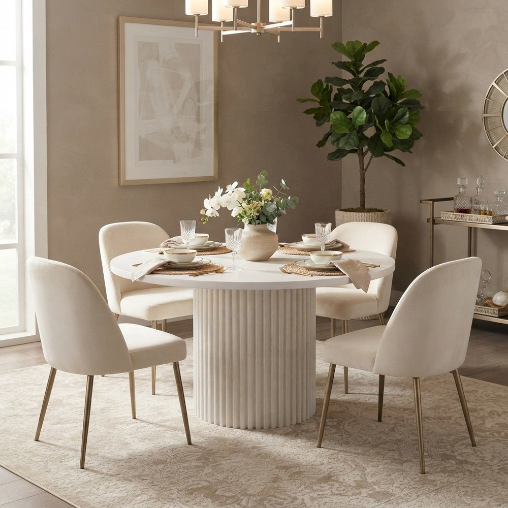 Round Pedestal Dining Table, Rubberwood, White, 48" W X 30" H Dining Height