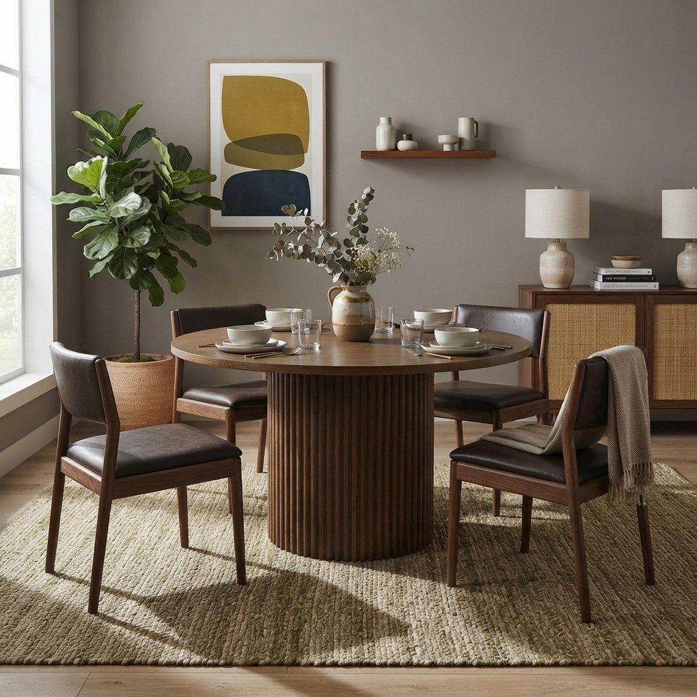 Round Pedestal Dining Table, Rubberwood, Chestnut, 60" W X 30" H Dining Height