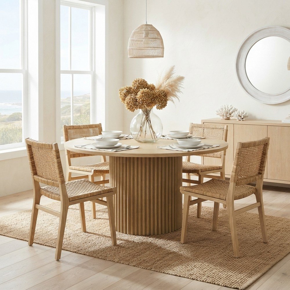 Round Pedestal Dining Table, Rubberwood, Natural, 60" W X 30" H Dining Height