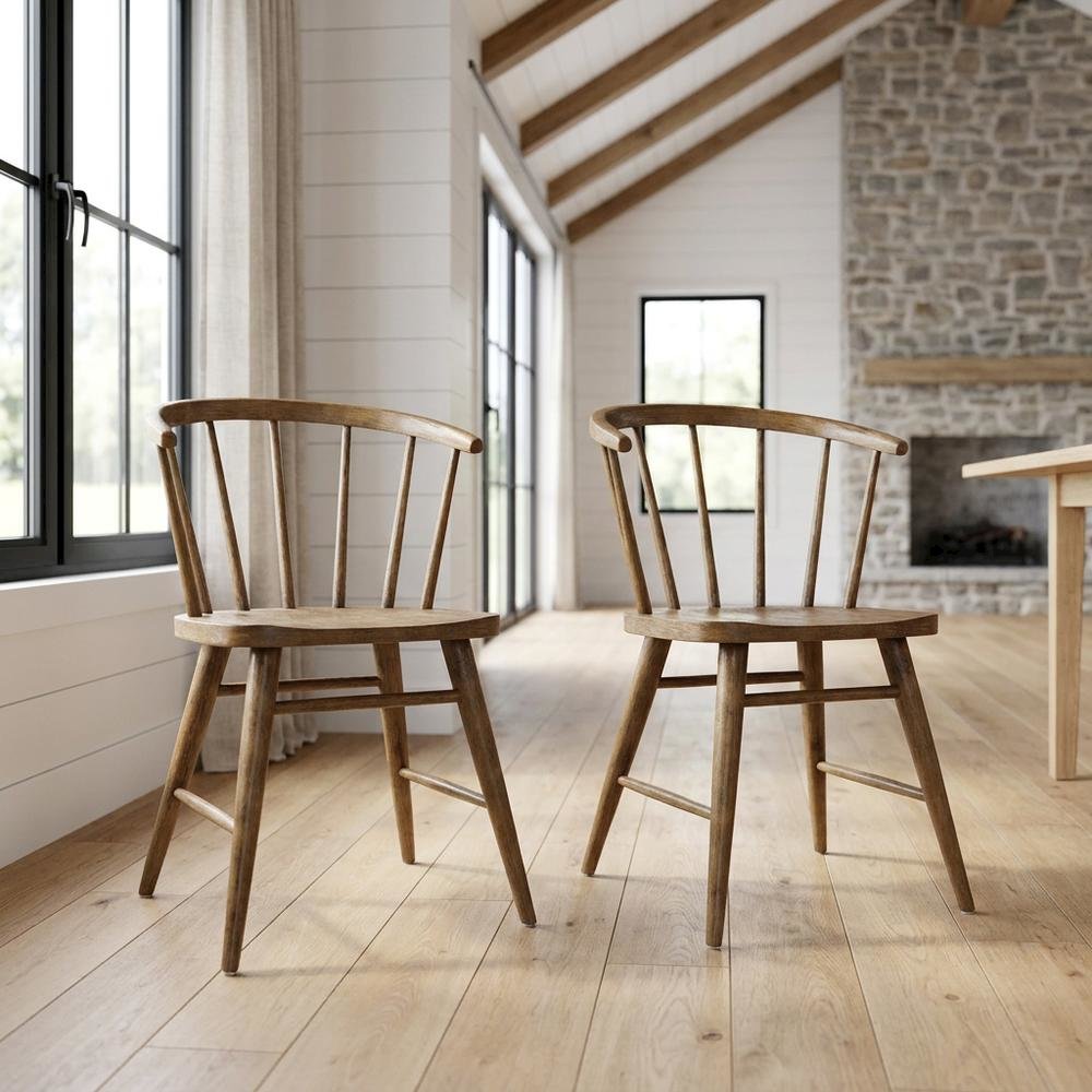 Traditional Solid Wood Curved-Back Spindle Dining Chairs, Chestnut, Set of 2