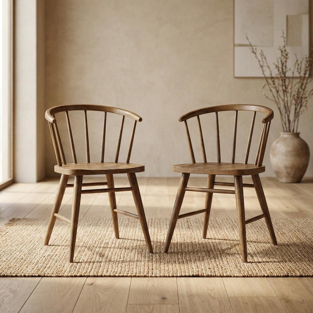 Traditional Solid Wood Curved-Back Spindle Dining Chairs, Chestnut, Set of 2