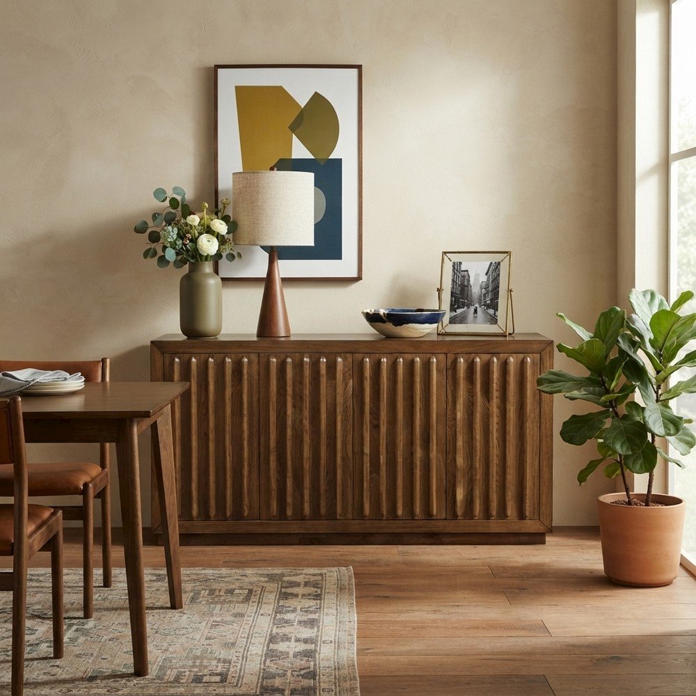 Acacia Veneer Fluted Sideboard Buffet Cabinet with Four Doors, Chestnut