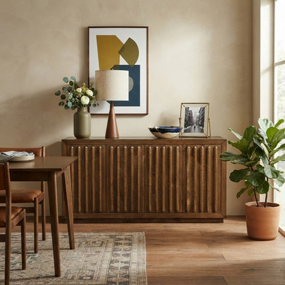 Acacia Veneer Fluted Sideboard Buffet Cabinet with Four Doors, Chestnut
