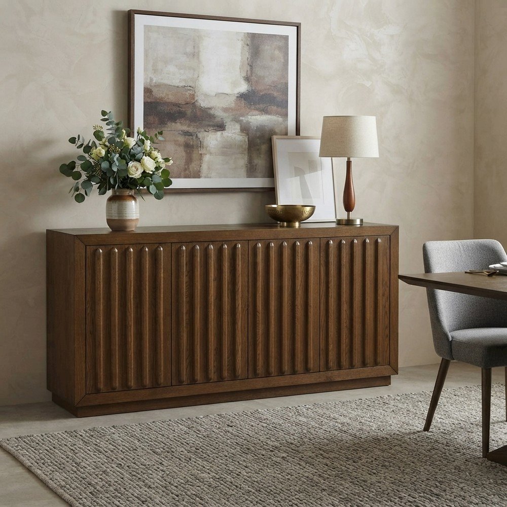 Acacia Veneer Fluted Sideboard Buffet Cabinet with Four Doors, Chestnut