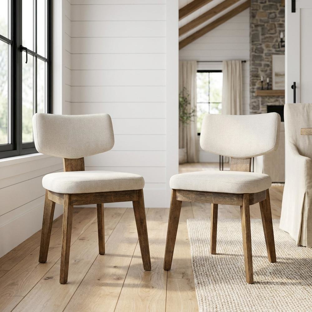 Polyester Mid-Century Modern Split-Back Dining Chairs, Chestnut, Set of 2