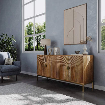 Asher 69" Solid Wood Mid-Century Modern Curved Arch Sideboard Cabinet