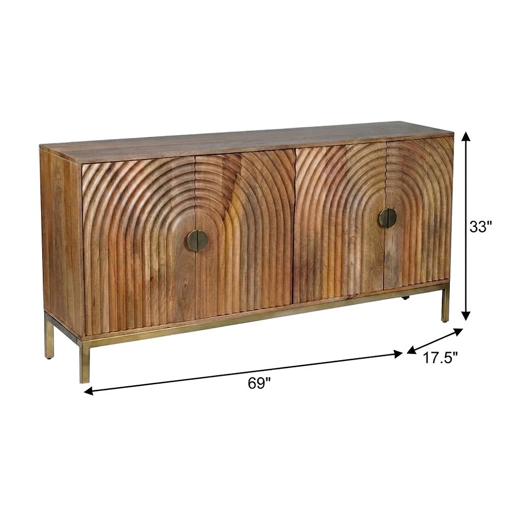 Solid Mango Wood Buffet Cabinet with Curved Arch Doors and Storage, Natural