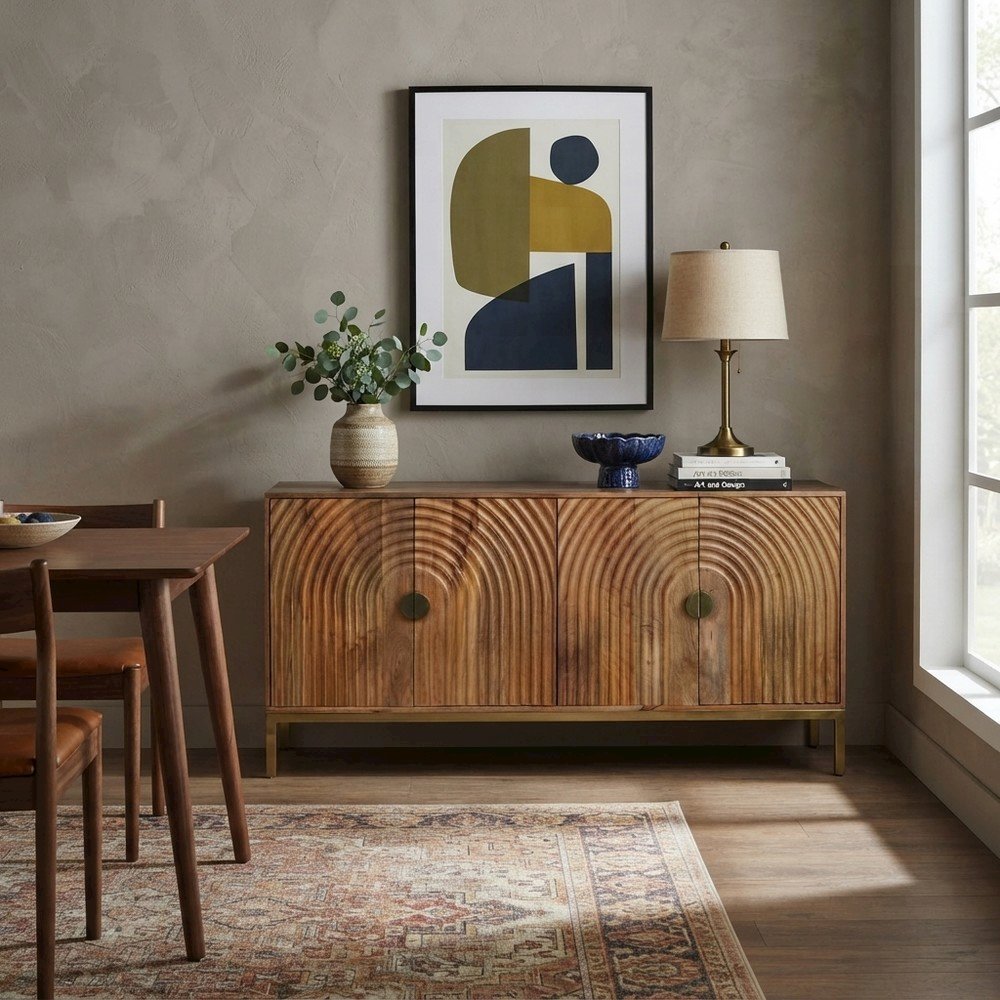 Solid Mango Wood Buffet Cabinet with Curved Arch Doors and Storage, Natural