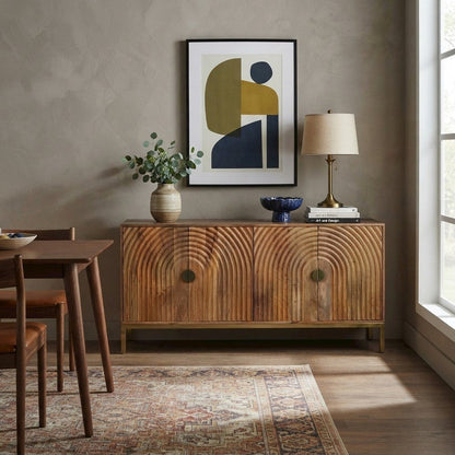 Solid Mango Wood Buffet Cabinet with Curved Arch Doors and Storage, Natural
